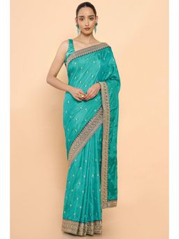Soch - Women Turquoise Cotton Embroidered Saree with Unstitched Blouse