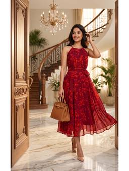 Souchii - Women's Maroon Floral Printed Midi Dress