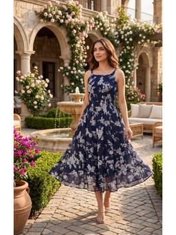 Souchii - Women's Navy Blue Floral Printed Midi Dress