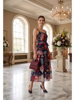Souchii - Navy Blue Floral Printed Flare Midi Dress
