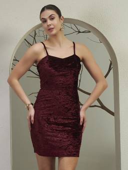 VAARARO - Women Solid Bodycon Sleeveless Burgundy Mini Party Dress