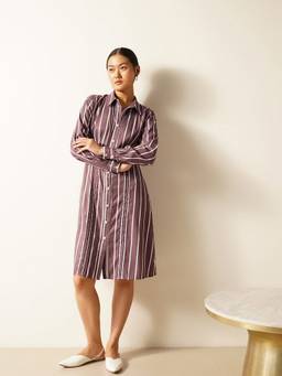 FABLE STREET - Striped A-Line Brown Shirt Dress
