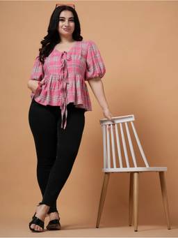 STYLLEY - Blus Peplum Check Pink Top