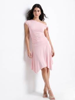 Outzidr - Pink One Shoulder Hem Top And Skirt
