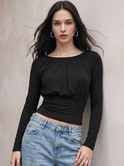 Outzidr - Black Blousson Styled Cinched Waist Top