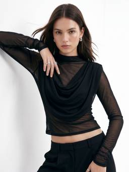 Outzidr - Black Cowl Neck Mesh Top