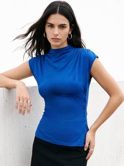 Outzidr - Blue Solid High Neck Side Button Detail Top