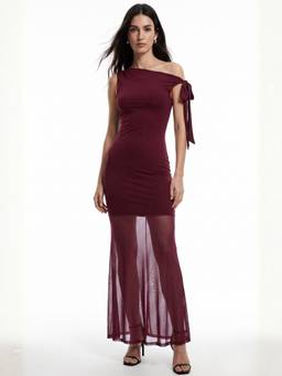 Outzidr - Burgundy One Shoulder Sheer Mesh Bottom Bodycon Dress
