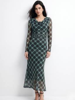 Outzidr - Multi Checkered Cowl Neck Bodycon Dress