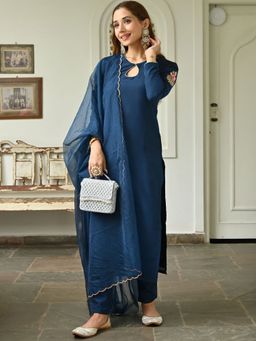 Lavanya The Label - Navy Blue Hand Work Kurta (Set of 3)