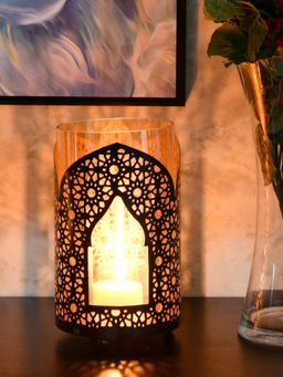 At Home by Nilkamal - Minar Candle Stand|Pack of 1|13.5 cm x 22 cm|Brown & Gold