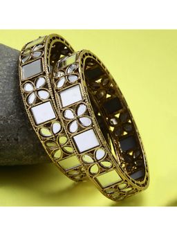 Karatcart - (Set Of 2) Antique Gold Plated Floral Kundan Mirror Work Bangles for Women