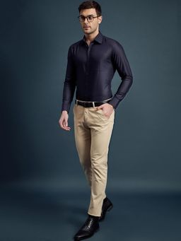 Louis Stitch - Men Navy Blue Cotton Self Design Slim Fit Shirt