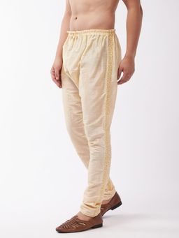 Vastramay - Men Beige Silk Blend Embroidered Pyjama