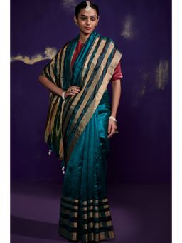 Dressfolk - Teal Silk Saree with Multiple Metallic Zari Borders without Blouse