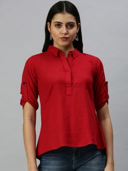 SHOWOFF - Women Slim Fit Roll-Up Sleeves Red Solid Shirt