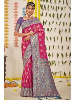 Sangam Prints - Pink Silk Woven Zari Work Traditional Tassel Saree with Unstitched Blouse