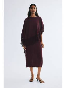 H&M - Women Maroon Fringed Cape-Detail Dress