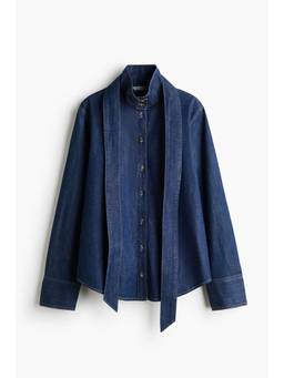 H&M - Women Blue Scarf-detail denim blouse