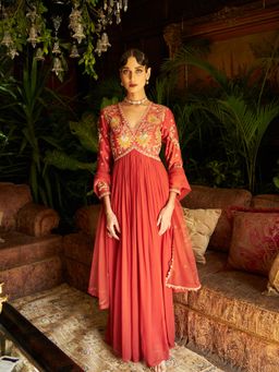 Shreeka - Rust Chander & Georgette Embroidered Anarkali (Set of 3)