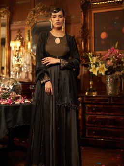 Shreeka - Black Satin And Banarasi Silk Tissue Embroidered Anarkali (Set of 3)