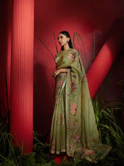 Shreeka - Pista Green Organza Silk Hand Embroidered Saree with Stitched Blouse