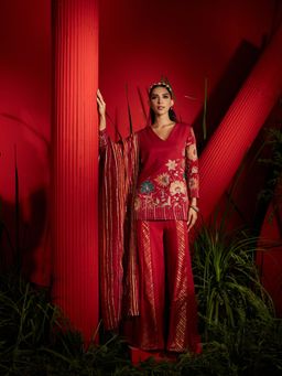 Shreeka - Deep Red Embroidered Kurta And Shaara Georgette (Set of 3)