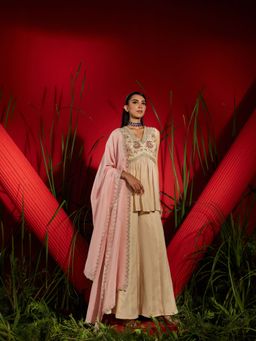 Shreeka - Beige Georgette Embroidered Peplum And Shaara (Set of 3)