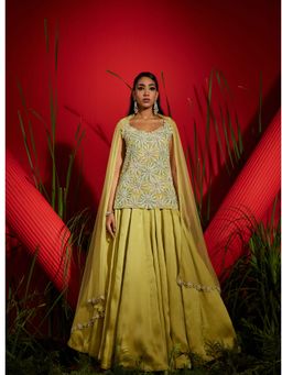 Shreeka - Yellow Georgette And Satin Organza Embroidered Kurta & Skirt (Set of 3)