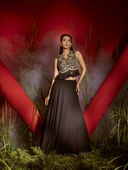 Shreeka - Black & Gold Embroidered Georgette Ruffled Crop Top And Skirt (Set of 2)