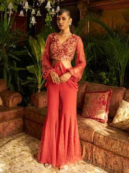 Shreeka - Rust Draped Embroidered Sharara (Set of 2)