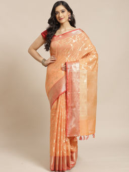 Indethnic - Banarasi Peach Woven Design Festive Wear Saree With Unstitched Blouse