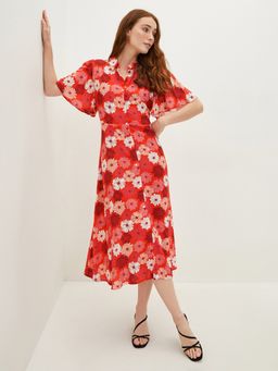 LC WAIKIKI - Shirt Collar Floral Short Sleeve Viscose Womens Dress