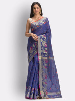 Angoshobha - Blue Tangail Cotton Blended Handloom Saree with Unstitched Blouse