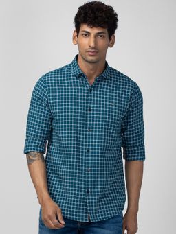 Spykar - Men Teal Blue Cotton Regular Slim Fit Checkered Shirt
