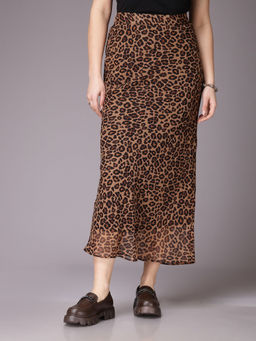 Freehand - Women Fitted Animal Print Midi Skirt Brown