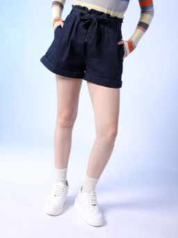 Freehand - Women Slim Fit Solid Denim Shorts Navy Blue