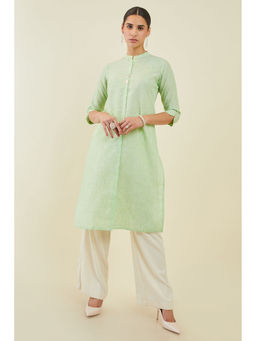 Soch - Women Sap Green Linen Straight Kurta With Shell Button Embellishments