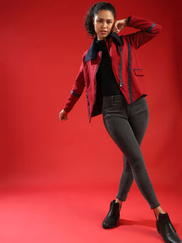 Campus Sutra - Maroon Women Solid Stylish Casual Jacket
