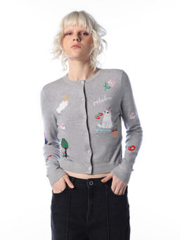 ONLY - Women Grey Embroidered Viscose Blend Cardigan