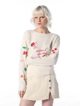 ONLY - Women Cream Embroidered Viscose Blend Sweater