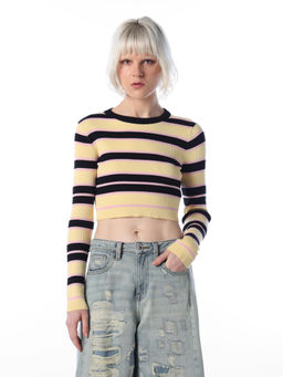 ONLY - Women Yellow Stripes Viscose Blend Sweater