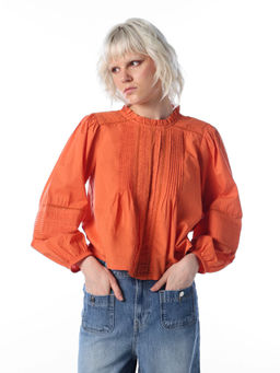 ONLY - Women Orange Self Design Cotton Top