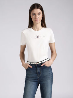 Tommy Hilfiger - Women White Solid/Plain Cotton Blend T-Shirt