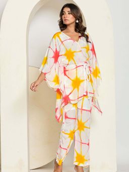 HOUSE OF JAMOTI - Yellow Sunburst Kaftan with Pant and Belt (Set of 3)