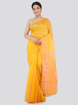 PinkLoom - Womens Soft Cotton Blend Jamdani Saree without Blouse -Yellow
