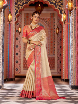 Elora - Cream Munga Zari Silk Kanjivaram Saree with Unstitched Blouse