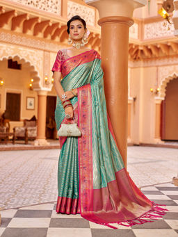Elora - Turquoise Munga Zari Silk Kanjivaram Saree with Unstitched Blouse