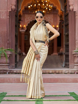 Elora - Ivory Soft Silk Kanjivaram Zari Work Saree with Unstitched Blouse