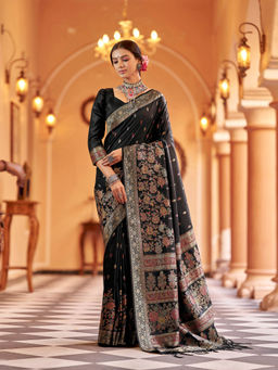 Elora - Black Soft Silk Floral Pashmina Work Saree with Unstitched Blouse